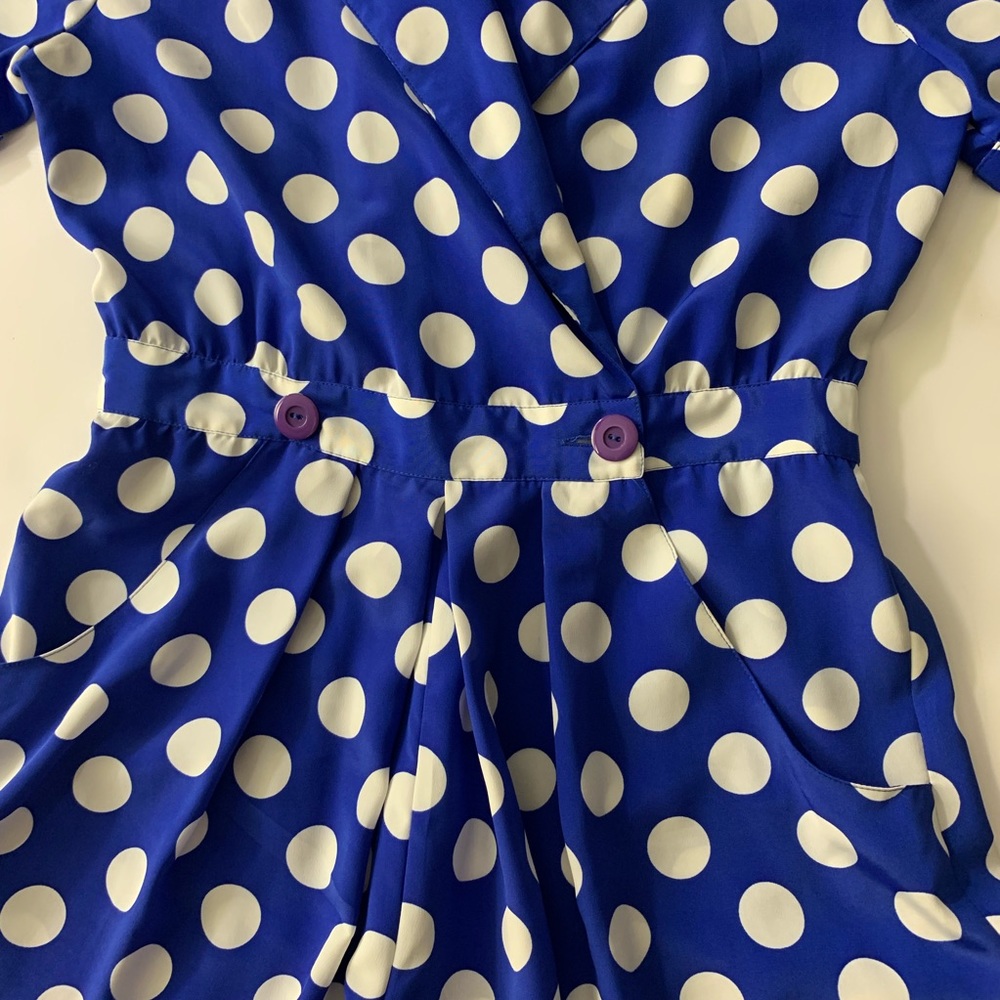 {VINTAGE} Leslie Fay Blue & White Polka Dot Romper - Picture 2 of 8